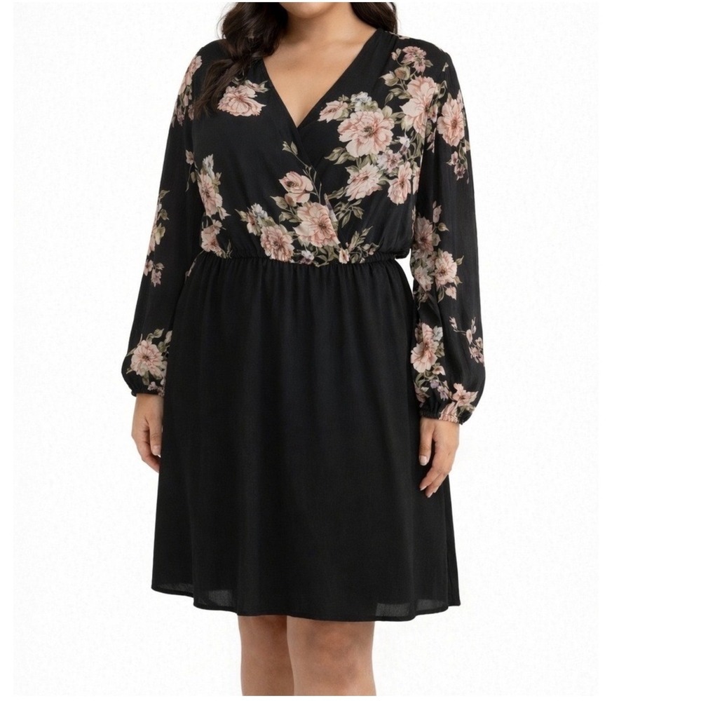 Shein Curve Black Floral Print Dress Elastic Waist Dress 3X Semi Sheer Sleeves